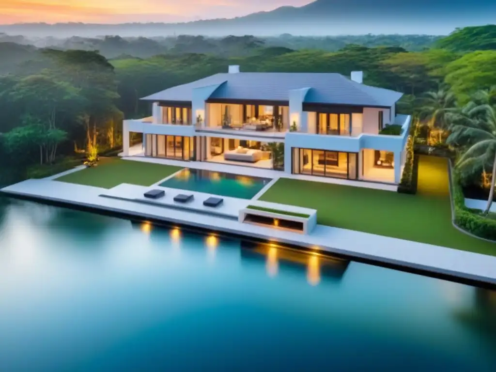 Propiedad de lujo junto al lago al atardecer: exclusividad y elegancia Una mansión moderna frente al lago al atardecer, con piscina infinita y exuberante vegetación