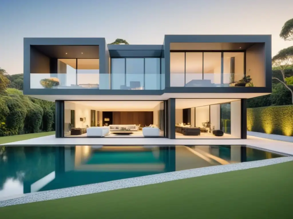 Arquitectura de lujo: mansión moderna con diseño innovador y elegante Una mansión moderna de lujo con líneas elegantes y grandes ventanales, rodeada de exuberante vegetación y una deslumbrante piscina infinita