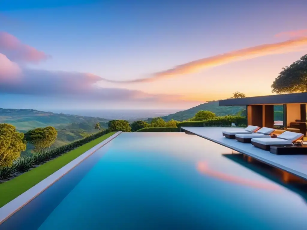 Residencia de lujo con piscina infinita y atardecer vibrante Una mansión moderna de lujo con ventanales de piso a techo, una piscina infinita y jardines exuberantes, enmarcada por colinas y un cielo atardeciendo