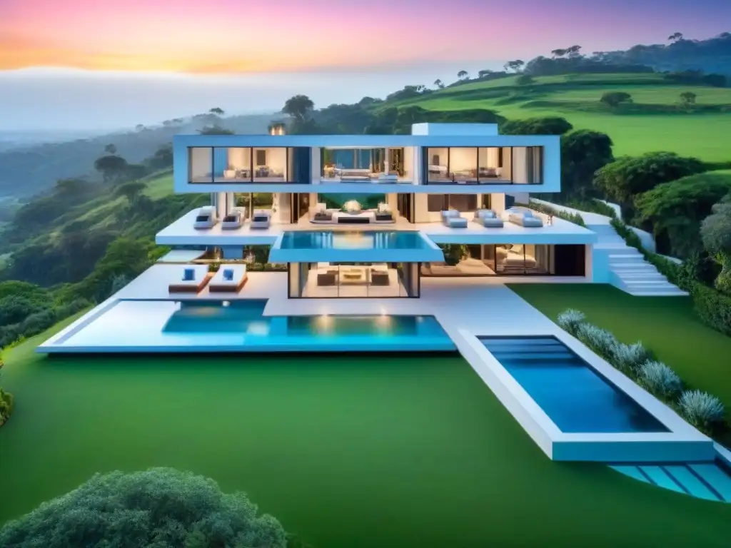 Residencia de lujo con piscina infinita y vistas panorámicas al atardecer Una mansión moderna de lujo con vistas a una piscina infinita y jardines verdes, en un atardecer vibrante