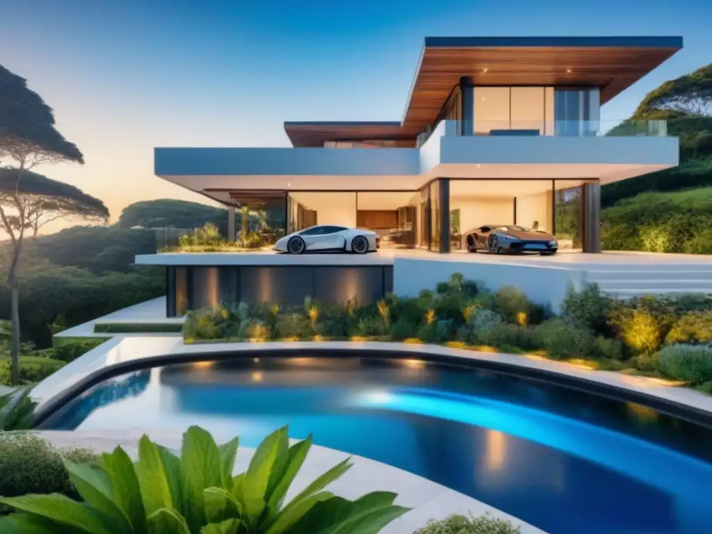 Residencia sostenible de lujo con diseño moderno y ecofriendly Una mansión sostenible de lujo en arquitectura moderna, rodeada de vegetación y paneles solares