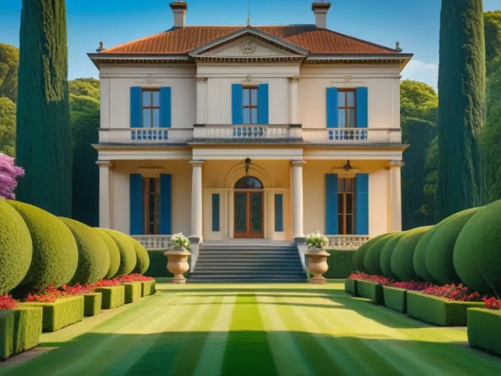 Esplendor histórico: Mansión restaurada con jardines exuberantes Invertir en mansiones con historia: Mansión histórica restaurada rodeada de exuberantes jardines y detalles arquitectónicos impresionantes