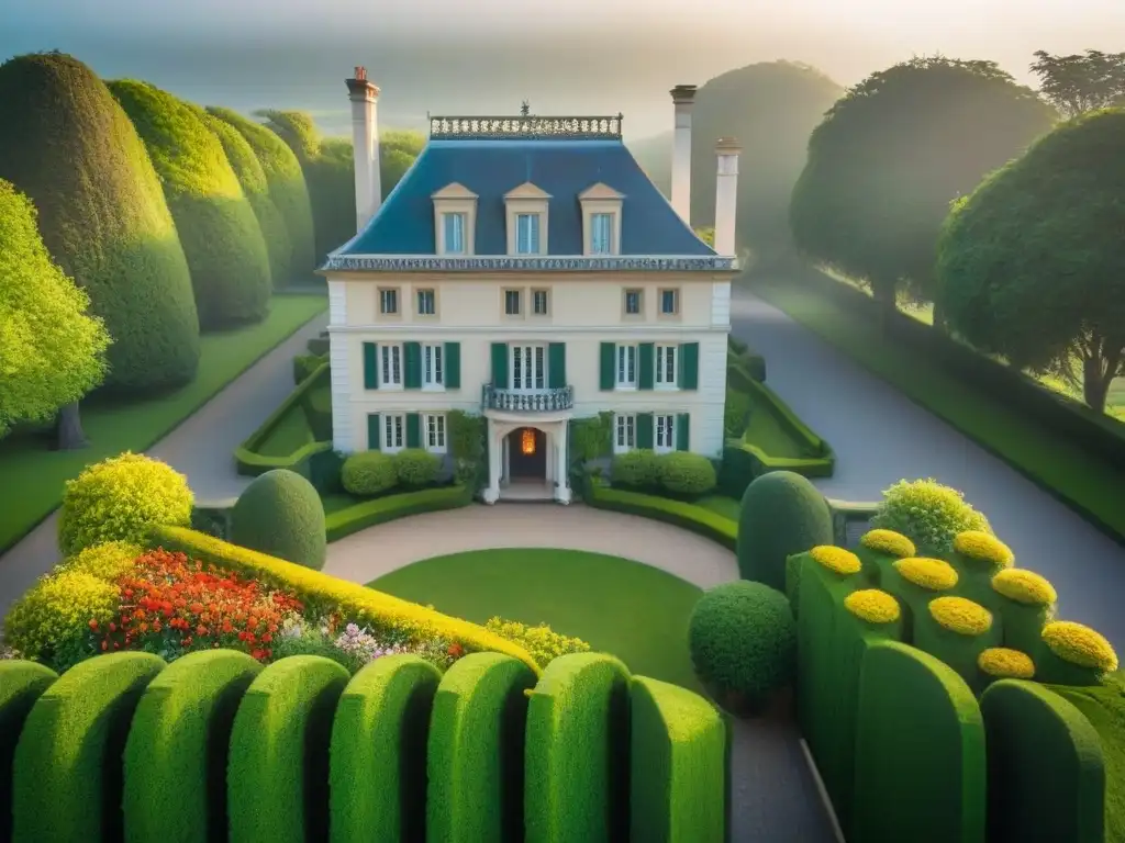 Majestuosa mansión histórica rodeada de jardines verdes y coloridos Invertir en mansiones con historia: Mansión histórica rodeada de exuberantes jardines verdes, arquitectura detallada y entrada con flores coloridas