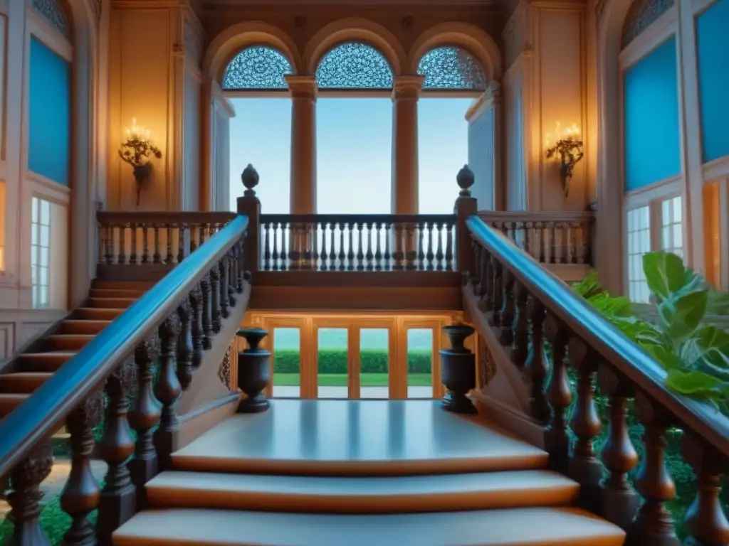 Mansión histórica: lujo y elegancia en 8k Invertir en mansiones con historia: Majestuosa mansión histórica con detalles arquitectónicos rodeada de jardines verdes bajo un cielo azul claro