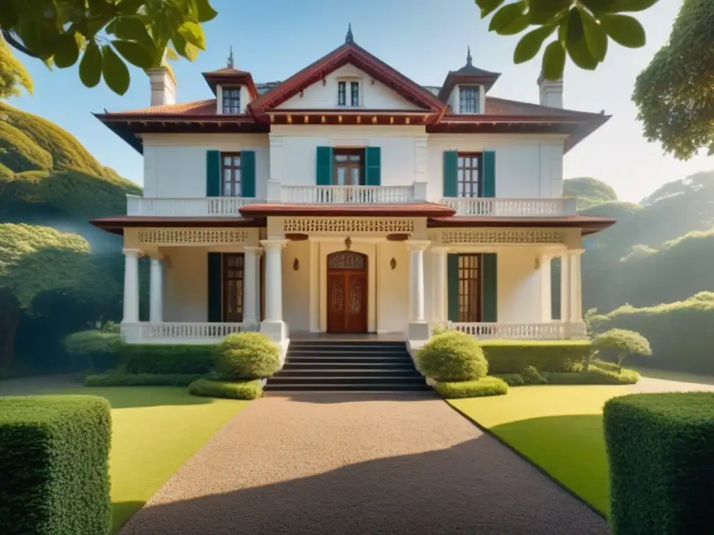 Esplendor histórico: mansión restaurada rodeada de jardines verdes Invertir en mansiones con historia: Mansión restaurada rodeada de jardines verdes, árboles altos y detalles arquitectónicos intrincados