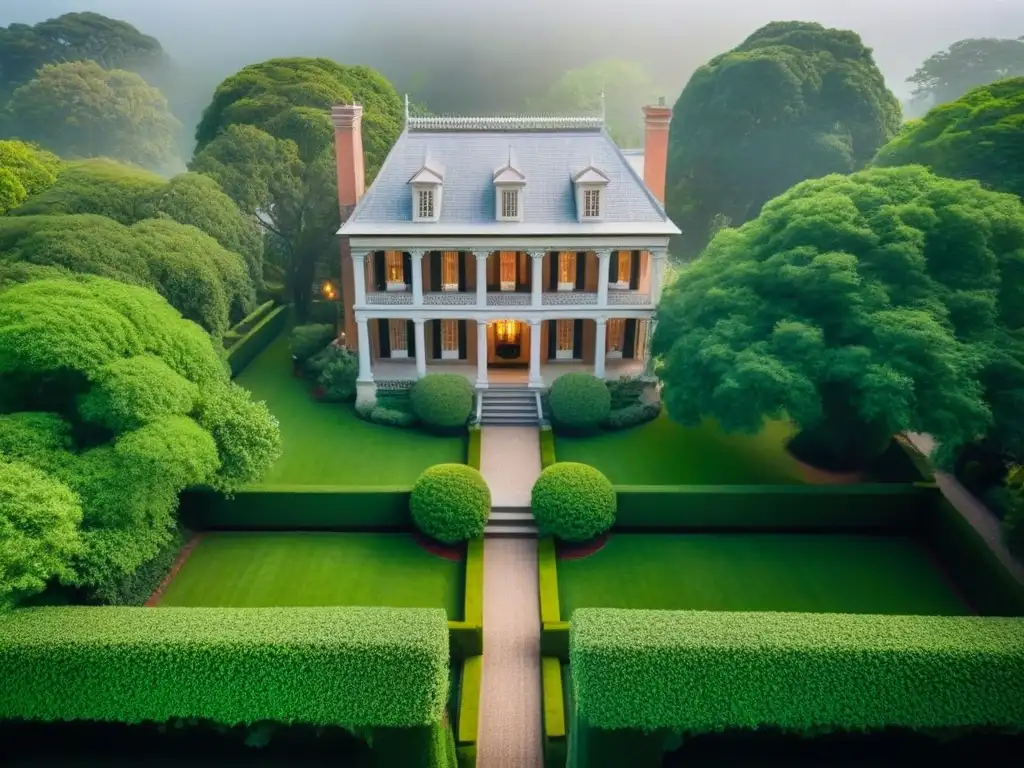 Esplendor histórico: mansión majestuosa en jardines exuberantes Invertir en mansiones con historia: Vista aérea de una majestuosa mansión histórica rodeada de exuberantes jardines y árboles centenarios