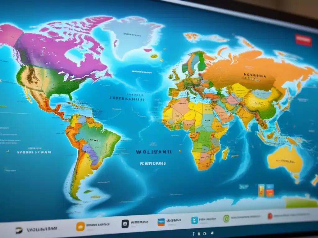 Mapa global detallado: regulaciones de alquiler vacacional Mapa detallado con regulaciones alquiler vacacional internacional resaltadas en colores vibrantes y documentos legales intrincados
