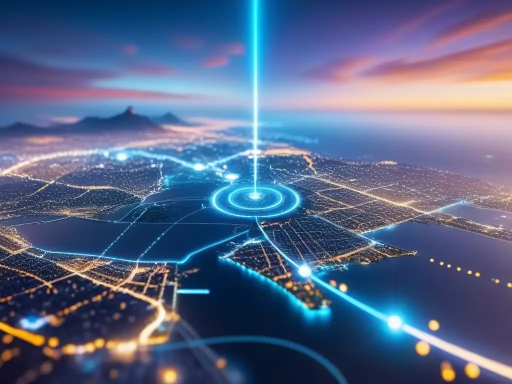Mapa digital ultra detallado con datos en tiempo real y hologramas Mapa digital detallado con datos en tiempo real y gráficos holográficos, prevención fraudes inmobiliarios geolocalización
