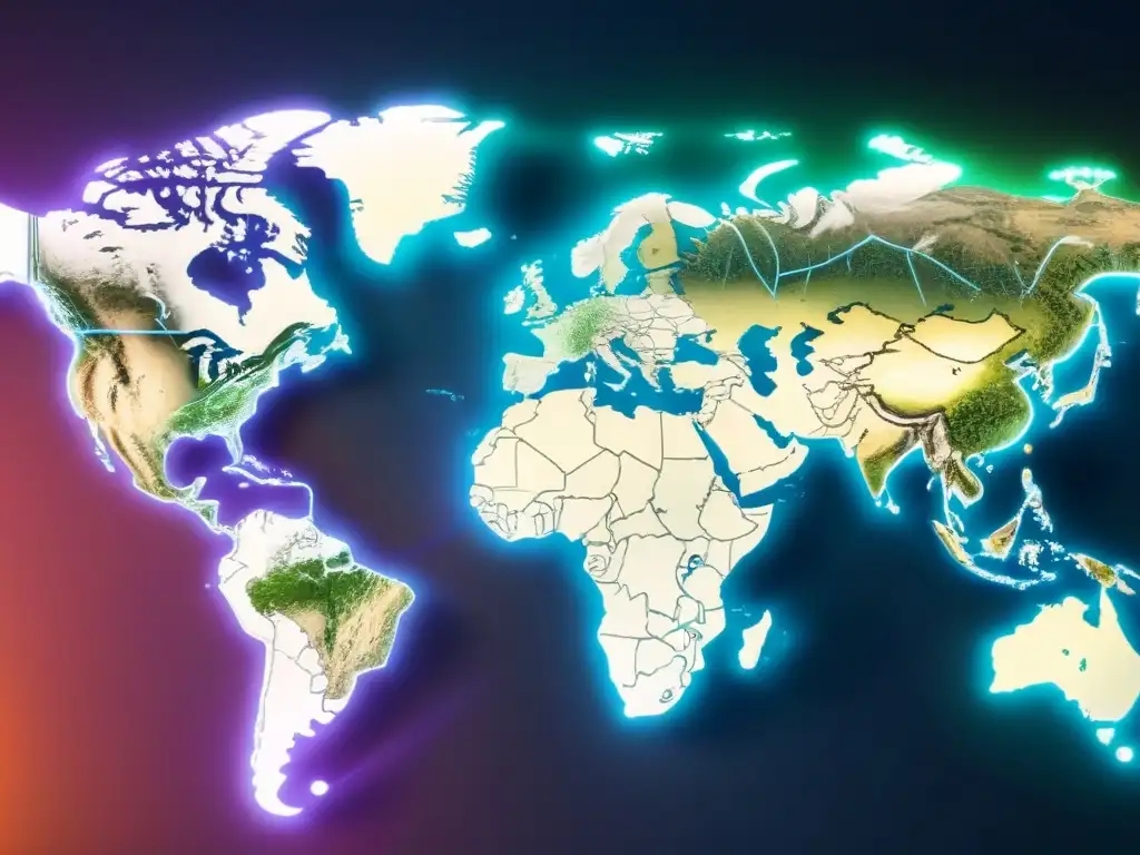 Mapa mundial financiero: conexiones de monedas globales en alta resolución Mapa digital detallado con líneas de red, simbolizando fluctuaciones cambiarias en mercados inmobiliarios internacionales