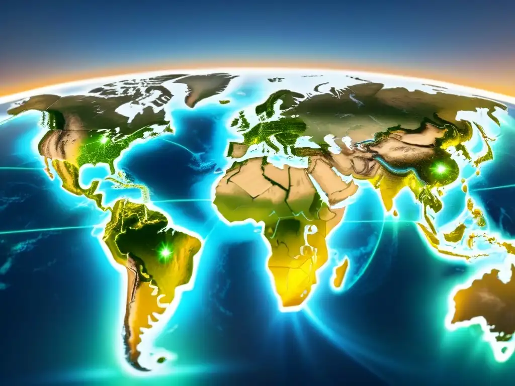 Mapa digital global: Conexiones financieras y ciudades clave Mapa digital detallado con líneas dinámicas que conectan ciudades globales, con dólares fluctuantes, expresando impacto en inversiones inmobiliarias