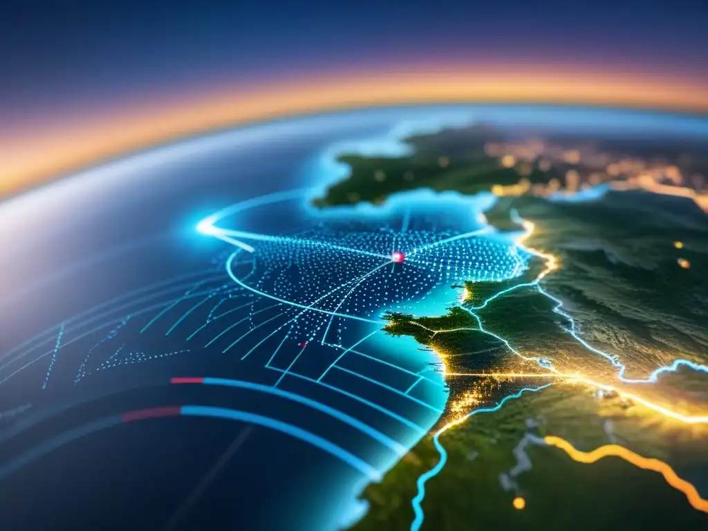 Mapa digital futurista de alta resolución con datos financieros globales Mapa digital futurista detallado en 8k con líneas brillantes conectando centros financieros globales y datos de ingresos internacionales