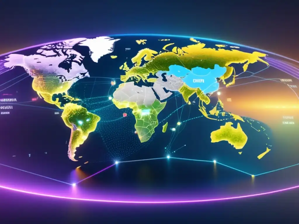 Mapa financiero global: tecnología avanzada y datos en tiempo real Mapa digital futurista con nodos financieros pulsantes en diferentes continentes