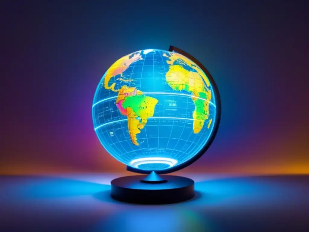 Esfera digital futurista: rutas comerciales globales en colores neón Mapa digital futurista con rutas comerciales resaltadas en colores neón, rodeado de símbolos de monedas y gráficos financieros