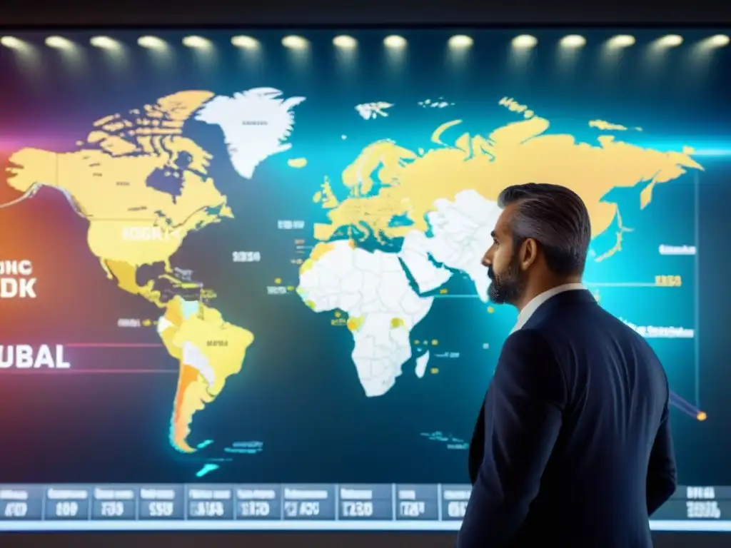 Mapa financiero global: divisa y tendencias inmobiliarias Mapa financiero mundial detallado resaltando países con colores vibrantes