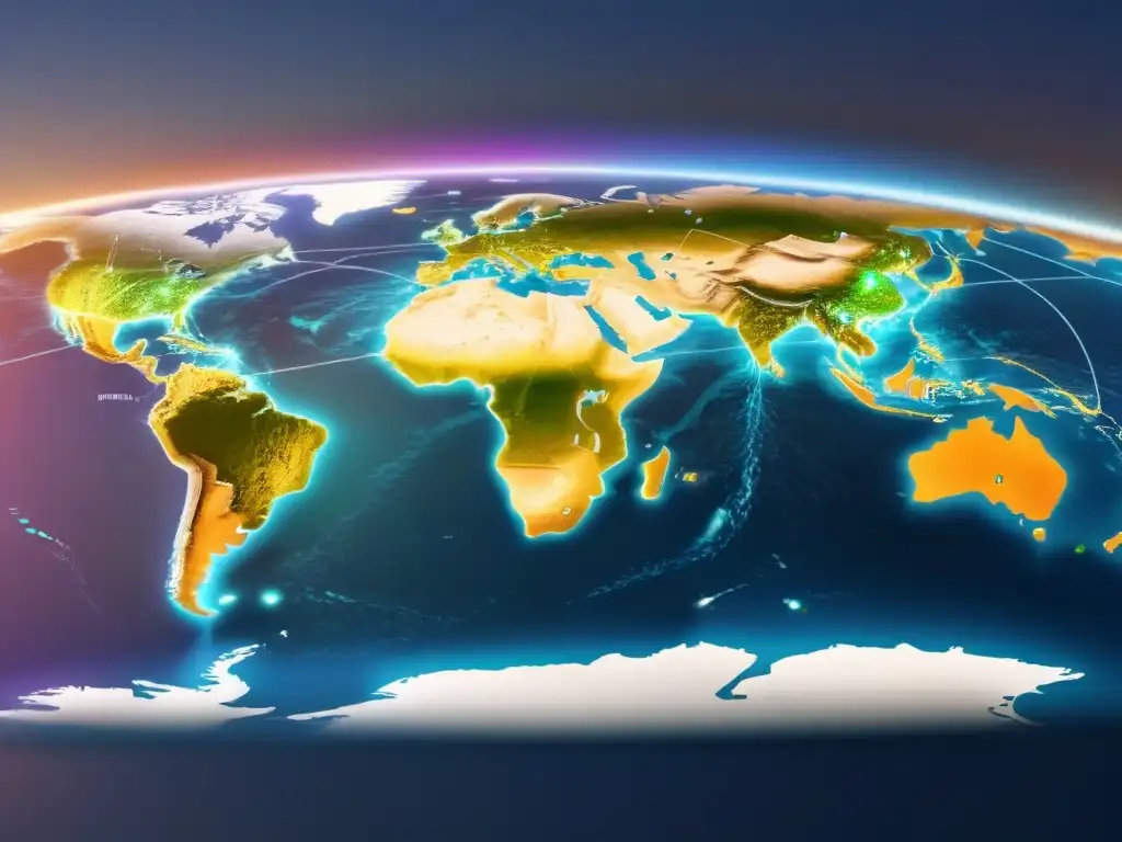 Mapa global de conexiones financieras: red de inversión internacional Mapa global de conexiones financieras, vibrante y sofisticado, ideal para estrategias email marketing inversores globales
