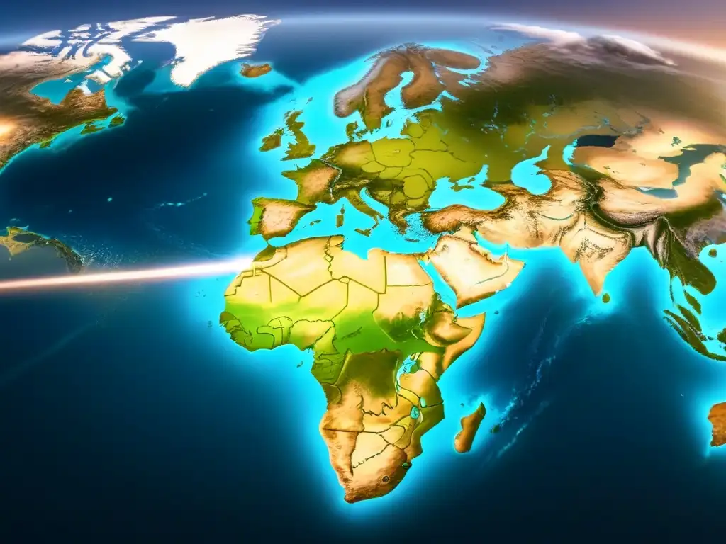 Mapa legal internacional: red de regulaciones M&A Un mapa global detallado cubierto de intrincadas líneas legales que conectan ciudades internacionales, simbolizando la complejidad de las regulaciones M&A internacionales explotadas