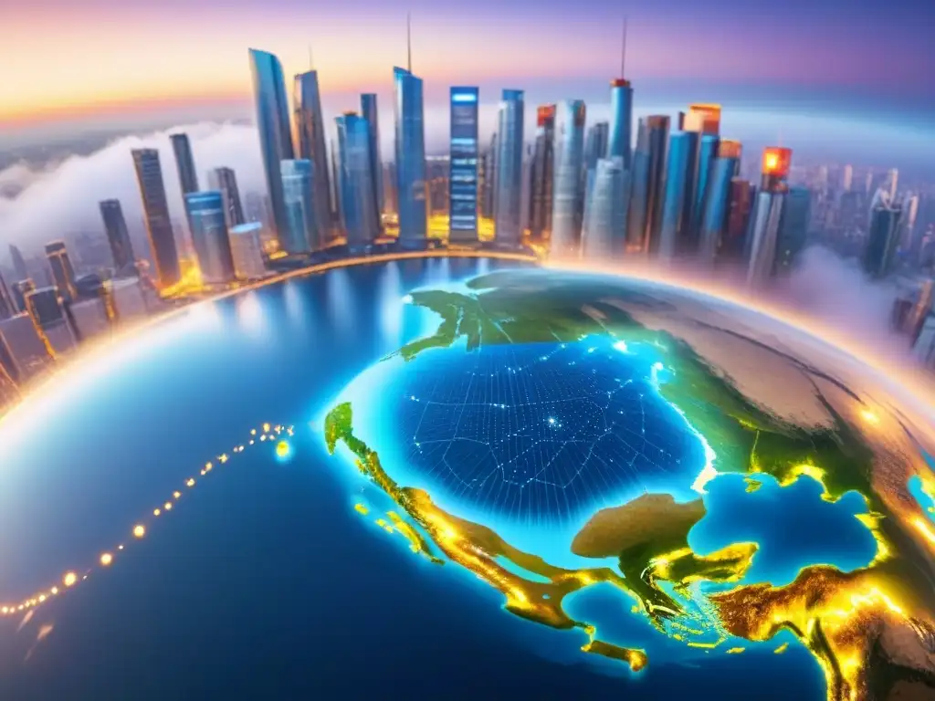 Mapa financiero global: red de transacciones Mapa global detallado con líneas de transacciones financieras, países destacados con tasas de interés