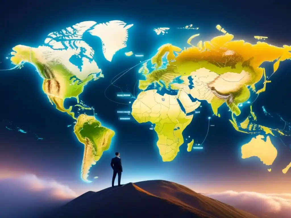 Infografía global: Oportunidades inversión inmobiliaria crowdfunding Un mapa global detallado con nodos interconectados representando oportunidades de inversión en crowdfunding inmobiliario alrededor del mundo