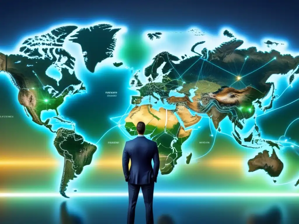 Mapa global de inversiones: flujo financiero internacional Mapa global detallado con red de inversiones, ciudades iluminadas con símbolos financieros