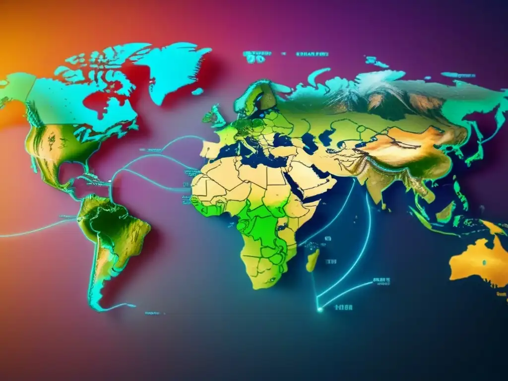 Mapa mundial de rutas comerciales y tendencias bursátiles Mapa global detallado con rutas comerciales y gráficos bursátiles