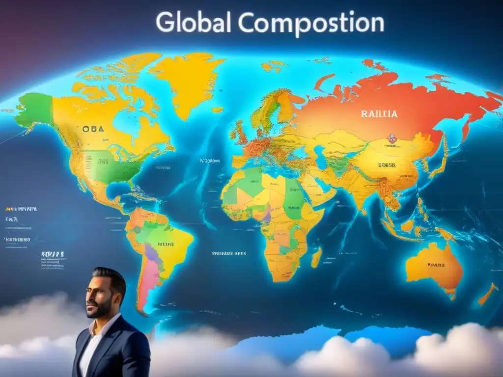 Mapa global de tasas de interés en bienes raíces: comparativa visual Mapa global detallado en 8k con tasas de interés en inversiones de distintos países, gráficos y colores, en un diseño moderno y elegante