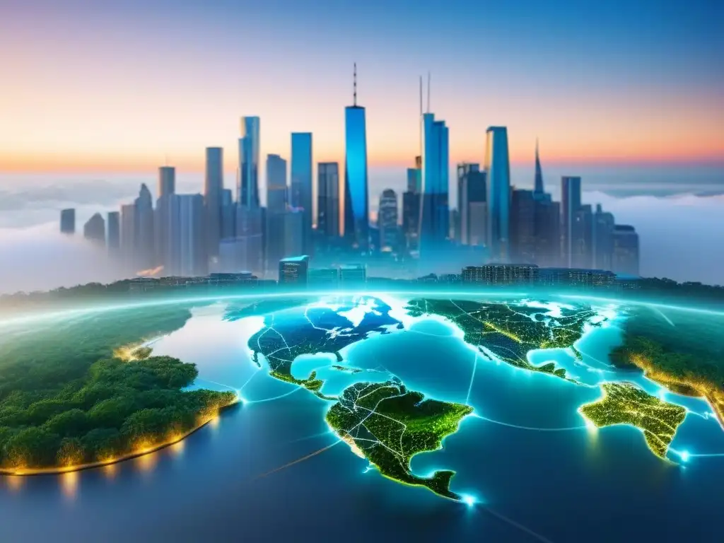 Mapa global de fusiones y adquisiciones: armonía empresarial y legal Mapa global con fusiones y adquisiciones, símbolos regulatorios y paisaje urbano futurista