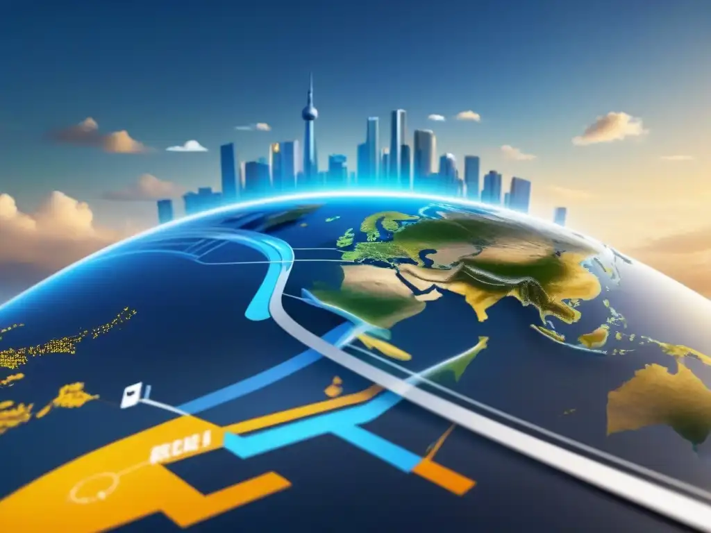 Mapa global con íconos de redes sociales sobre ciudades, conectando inversión inmobiliaria global