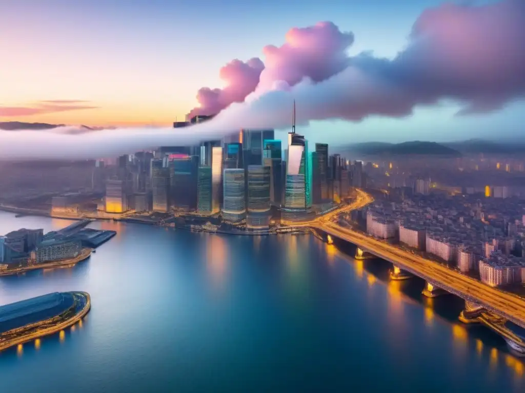 Mapa mundial con tasas de cambio: impacto en mercado inmobiliario Mapa global con líneas de fluctuaciones cambiarias sobre ciudad bulliciosa, reflejando mercado inmobiliario internacional