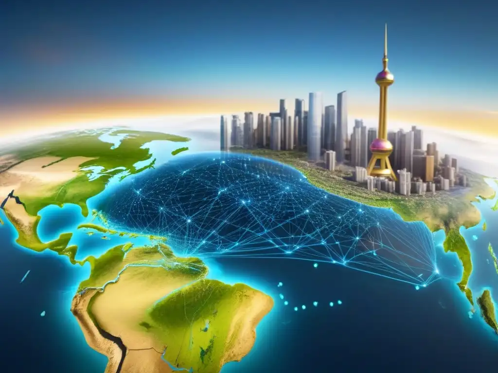 Mapa financiero global: crecimiento en mercados emergentes Un mapa global fusionando mercados emergentes con tendencias financieras y colores vibrantes