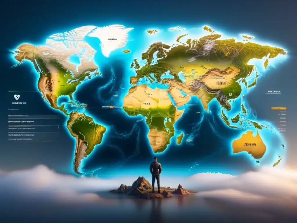 Mapa mundial detallado en 8k con representaciones modernas de derechos de propiedad Mapa mundial detallado en 8k con símbolos de derechos de propiedad en inversiones en cada continente