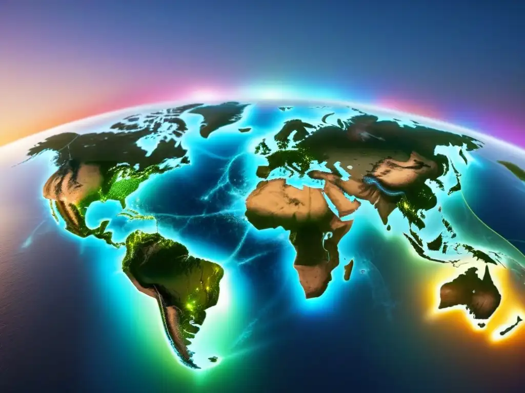 Mapa global digital: Estrategias SEO para alquileres vacacionales Un mapa mundial digital con redes interconectadas, iluminado con luces vibrantes y destinos turísticos icónicos emergiendo en segundo plano