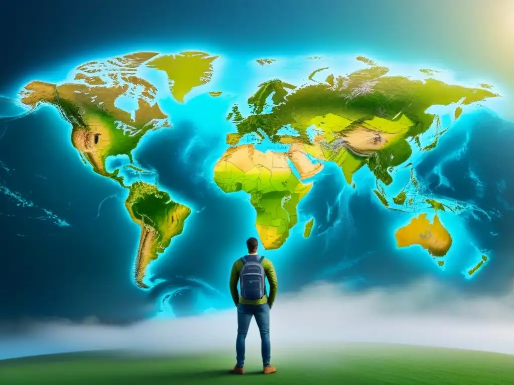 Mapa mundial de incentivos fiscales para propiedades ecológicas Mapa mundial con incentivos fiscales para propiedades verdes resaltados en tonos verdes, símbolos de energía renovable y materiales ecológicos