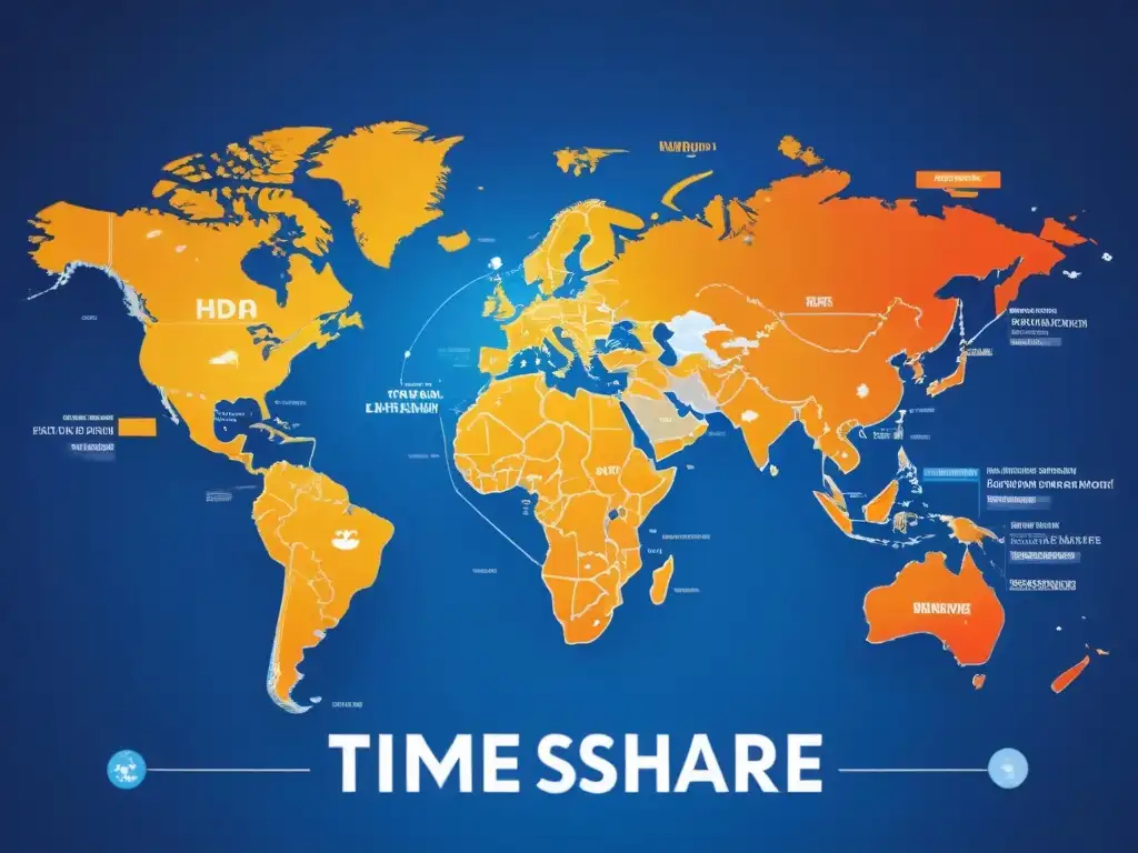 Mapa mundial interactivo para promociones de timeshare Un mapa mundial vibrante con destinos internacionales conectados por líneas punteadas, promoviendo la 'Promoción de tiempo compartido internacional'