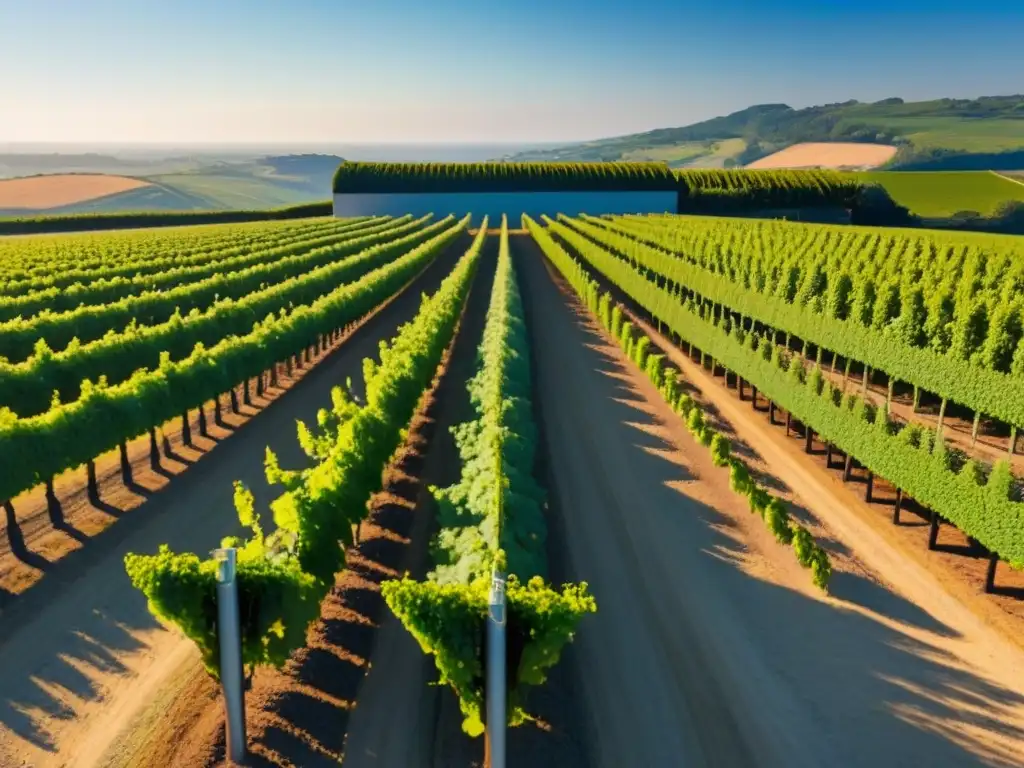 Viñedos verdes y moderna bodega: fusión de tradición y tecnología Un mar de viñedos verdes bajo el sol, con moderna bodega al fondo