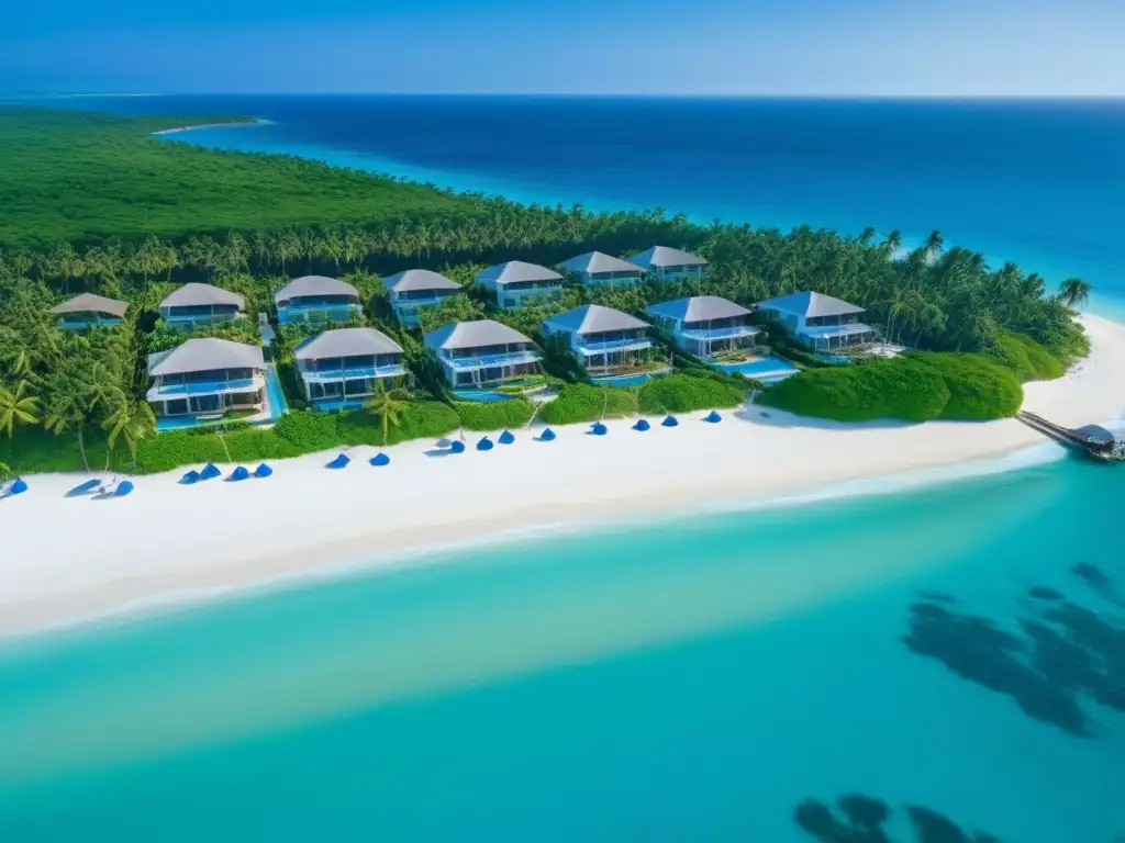 Paraíso costero: aguas turquesas, playas doradas y villas de lujo Maravillosa costa con aguas turquesa y playas doradas, palmeras verdes y villas de lujo con piscina infinita