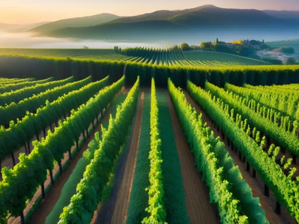 Maravillosos viñedos al atardecer: inversión próspera Un maravilloso viñedo con hileras perfectamente alineadas y racimos de uvas maduros bajo la luz dorada del atardecer