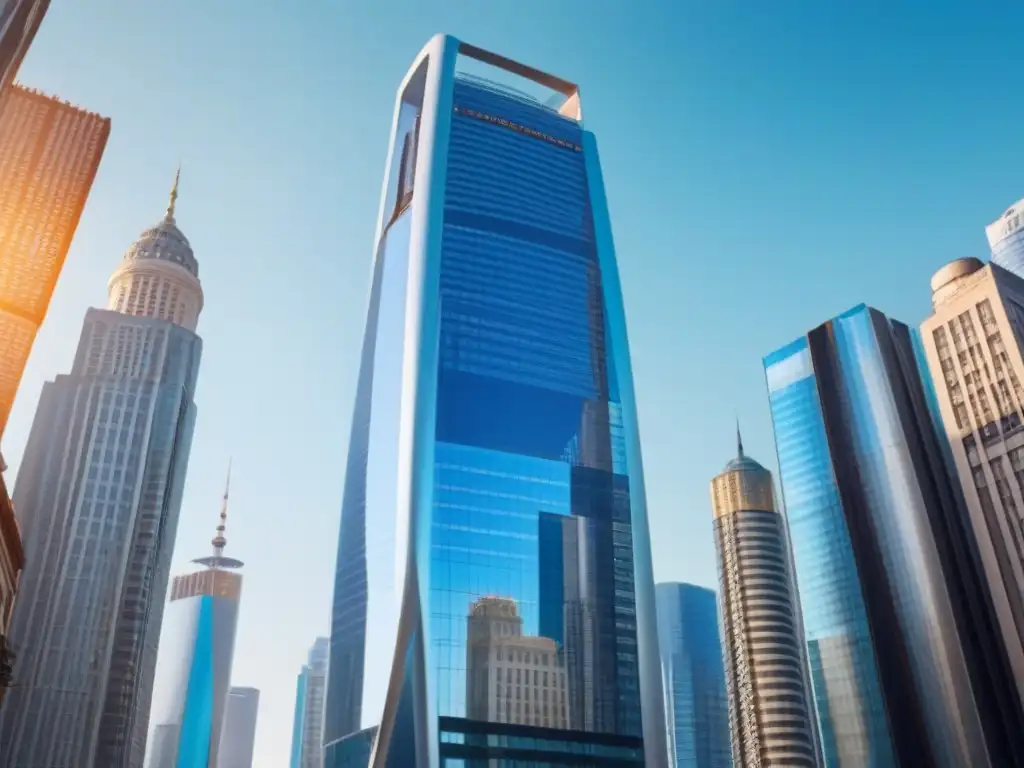 Rascacielos futurista: innovación y éxito global Construir marca inmobiliaria global: Imponente rascacielos futurista en una bulliciosa ciudad