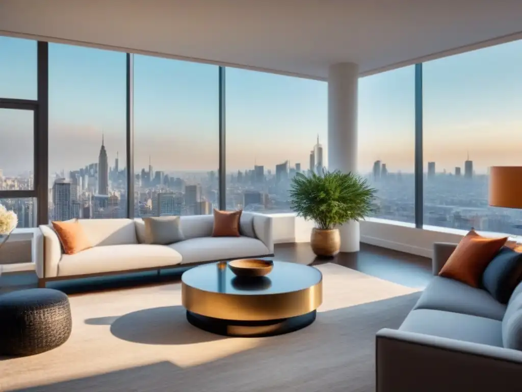 Suntuoso salón moderno en penthouse con vista a la ciudad Una marca inmobiliaria poderosa con storytelling: lujoso salón moderno en un ático con vista a la ciudad