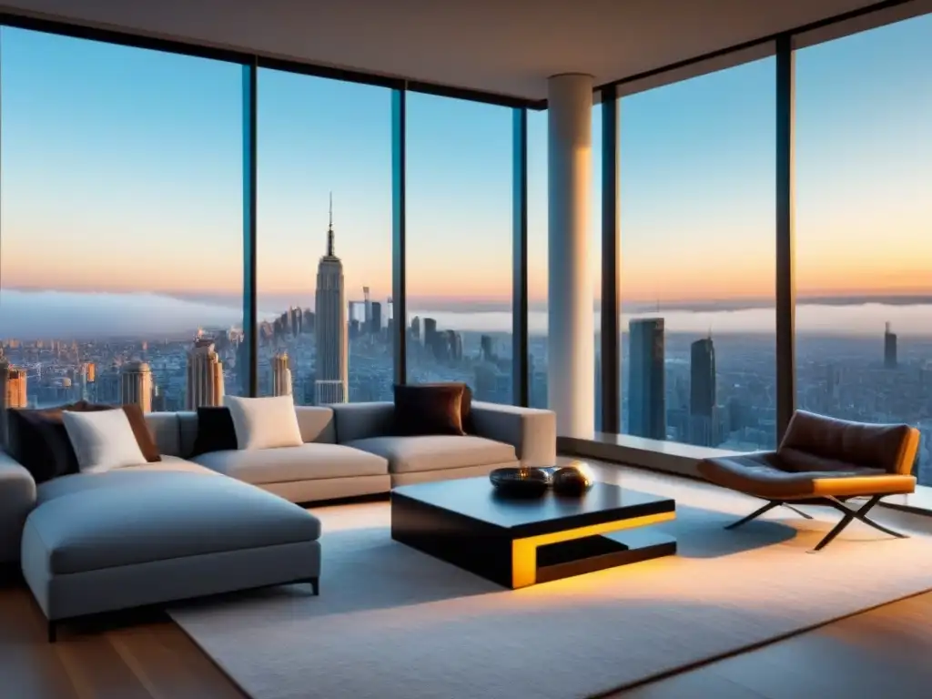 Salón moderno de lujo con vistas panorámicas a la ciudad Marca inmobiliaria poderosa con storytelling: Sala moderna lujosa, ventanales, skyline urbano, muebles diseño, luz natural cálida