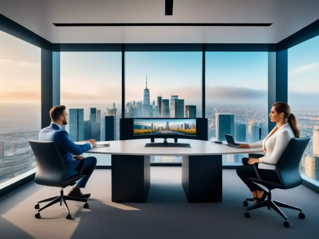 Oficina inmobiliaria moderna con vista panorámica de la ciudad Marcas inmobiliarias crean estrategias visuales innovadoras en oficina moderna con vista panorámica de la ciudad