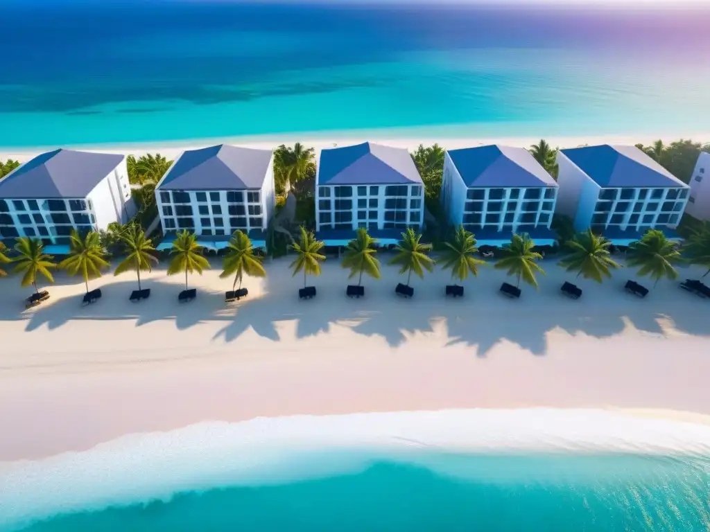 Paraíso playero de lujo: resort frente al mar Marketing efectivo para tiempo compartido: Resort de lujo en la playa, aguas turquesas, palmeras y atardecer vibrante