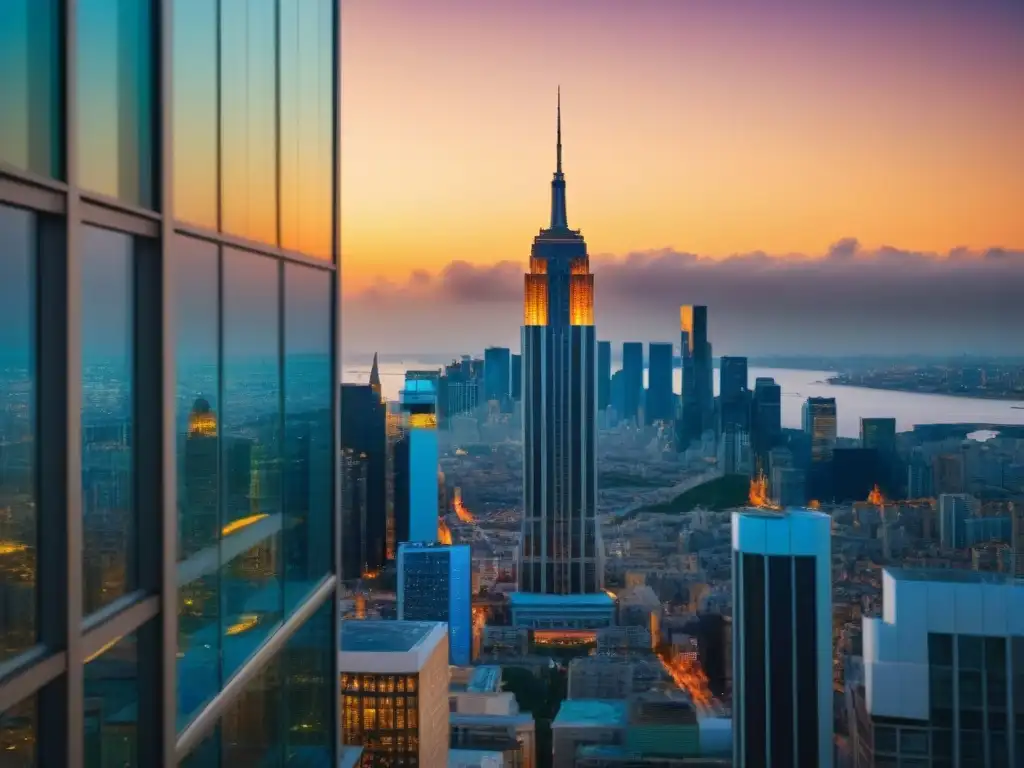 Arquitectura moderna de lujo en ciudad internacional Marketing de influencia para inmobiliaria: Imagen en 8k de un moderno rascacielos en una ciudad internacional vibrante