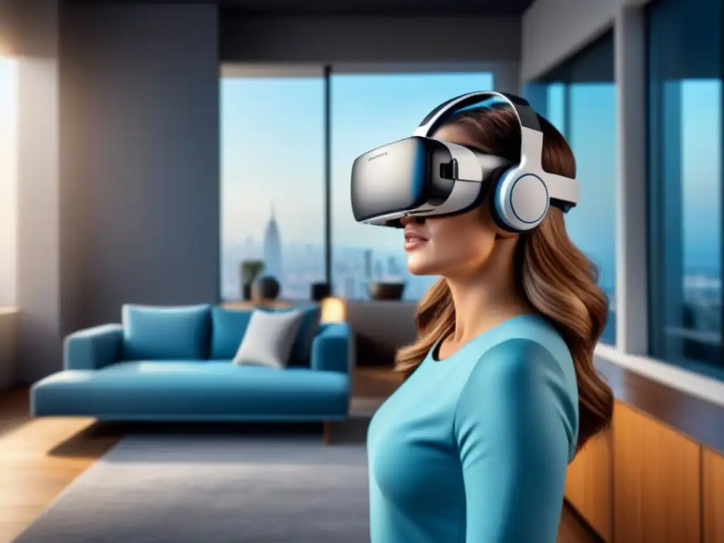 Innovación inmobiliaria: Realidad virtual para ventas internacionales Marketing inmobiliario internacional: headset futurista muestra visualización 3D de lujoso apartamento moderno
