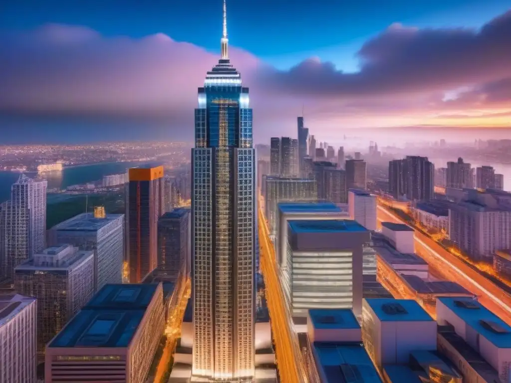 Esplendor nocturno: moderno rascacielos en ciudad vibrante Marketing inmobiliario internacional personalizado en una ciudad nocturna vibrante con un edificio moderno iluminado