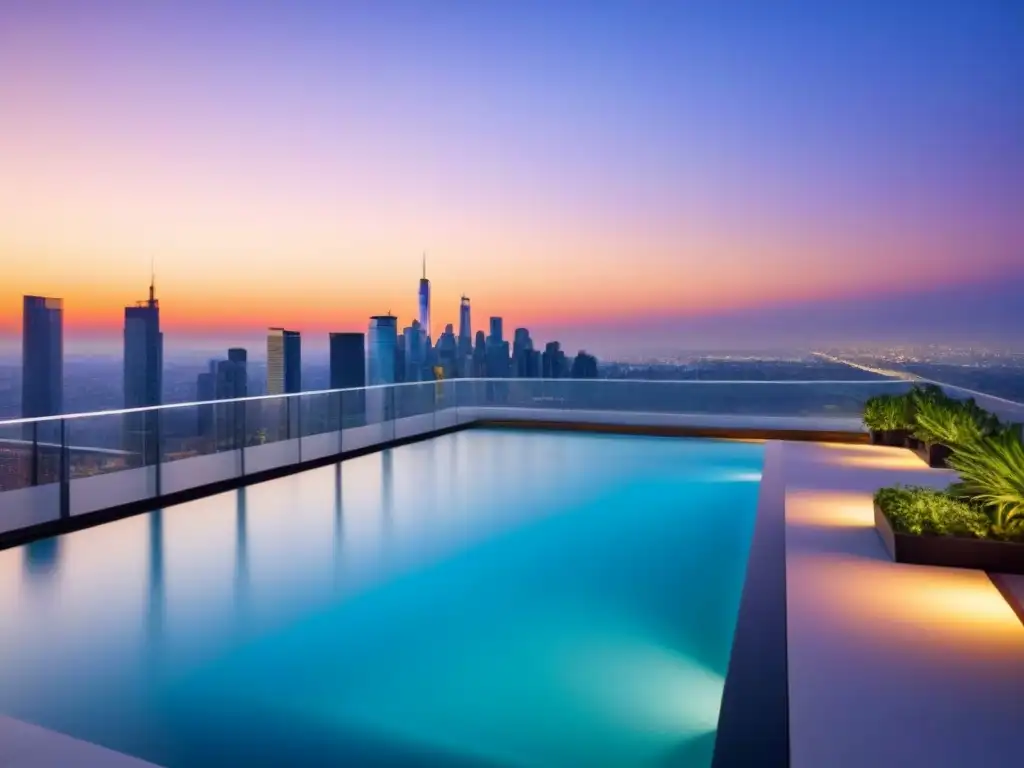 Espectacular atardecer en apartamento de lujo con vistas a la ciudad Marketing inmobiliario internacional personalizado: lujoso edificio con vistas al atardecer de la ciudad desde ventanales de piso a techo
