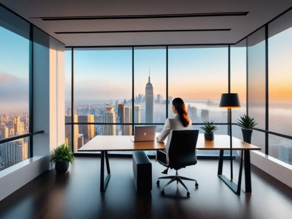Influencer de marketing digital en elegante oficina con vista a la ciudad Influencer en marketing inmobiliario trabajando en oficina moderna con vista a la ciudad