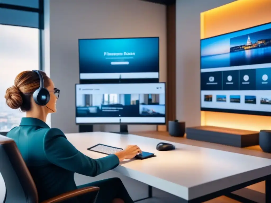 Oficina moderna: Influencer en videollamada con agente inmobiliario Influencer en marketing inmobiliario en videoconferencia con agente, mostrando lujosa casa en pantalla, en moderna oficina