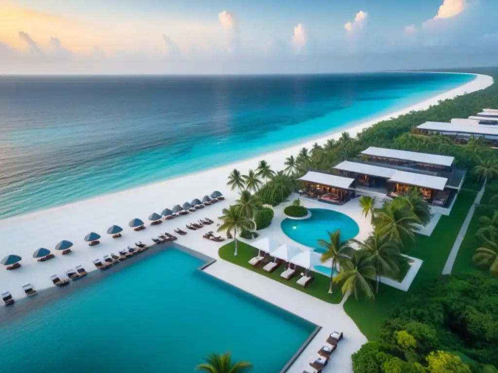 Resort de lujo frente al mar: paraísos turquesa y atardecer dorado Marketing alquiler propiedad tiempo compartido: Resort de lujo frente al mar con aguas turquesas, playas blancas y palmeras verdes