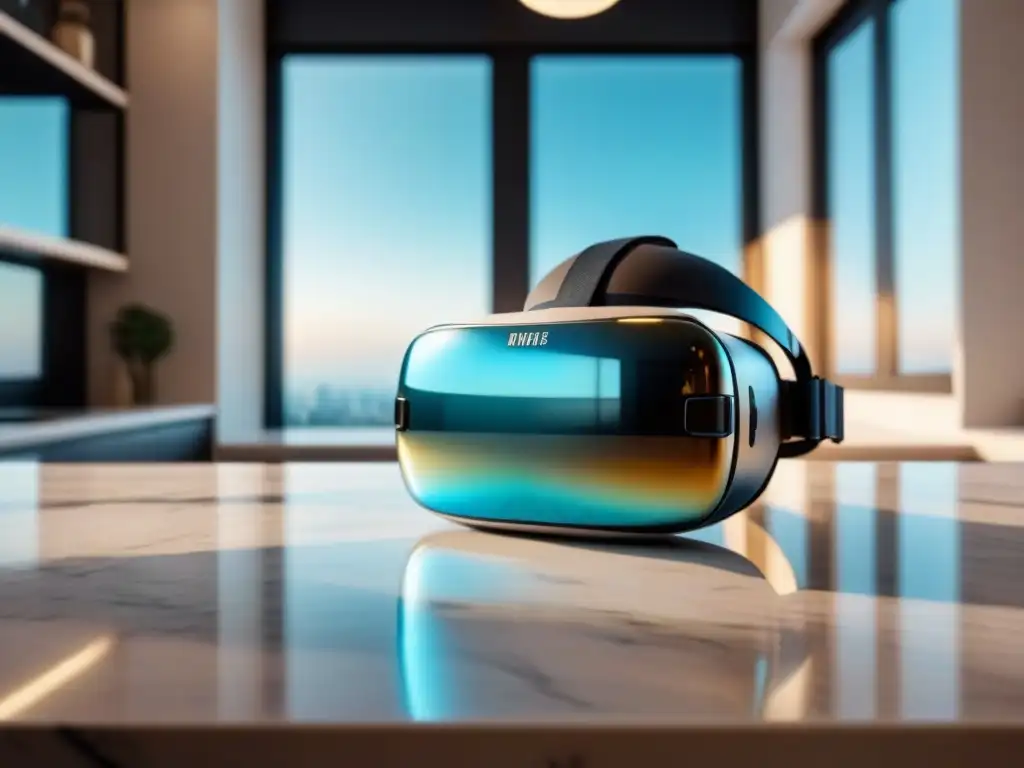 Realidad virtual inmersiva: casas de ensueño en hologramas Marketing visual inmobiliario internacional: lujoso auricular de realidad virtual en mármol con hologramas futuristas