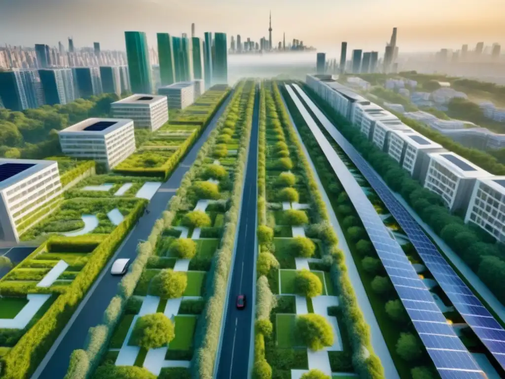 Metrópolis eco-sostenible: Edificios modernos entre espacios verdes Mejores oportunidades inversión inmobiliaria internacional: Una ciudad futurista con edificios eco-friendly y espacios verdes integrados